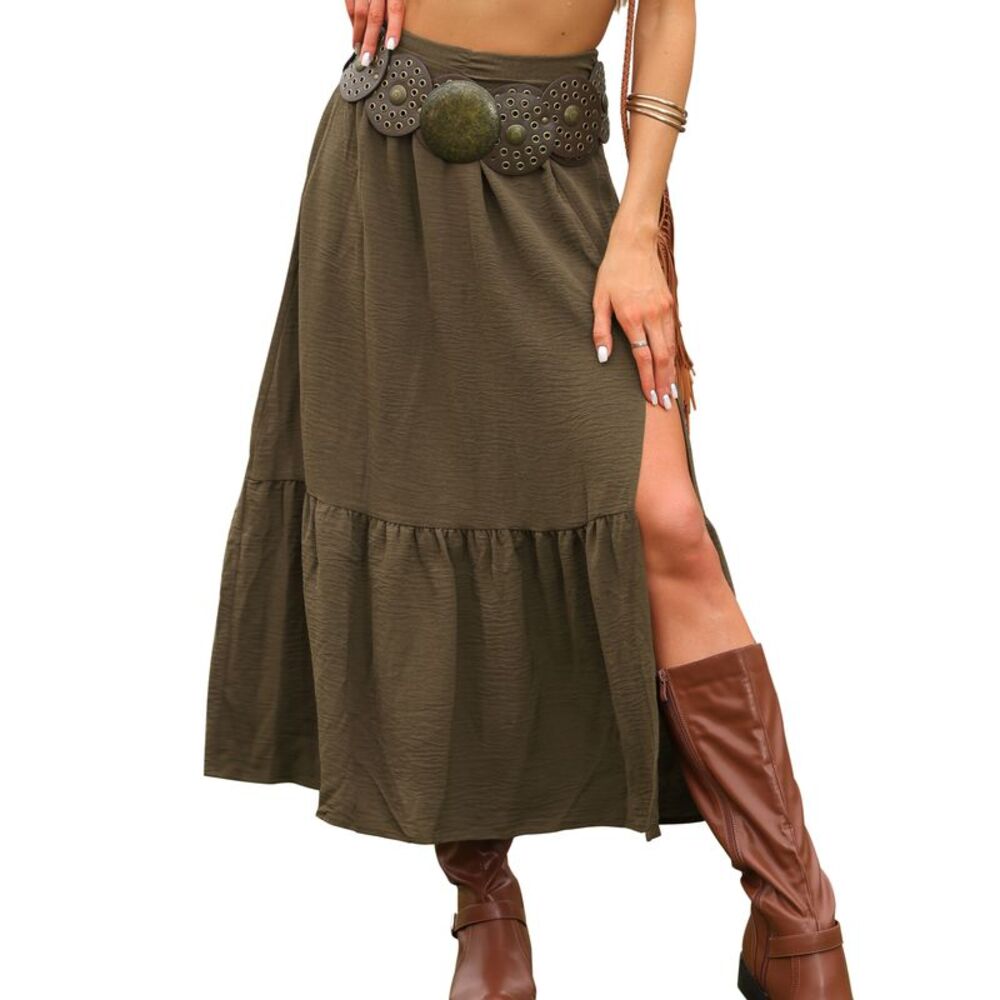 Women Boho Casual Summer High Waisted A Line Long Maxi Skirts Brown